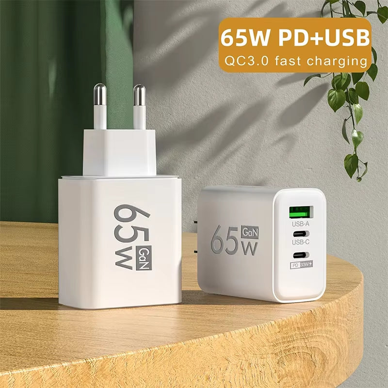 Gan Fast Charging 65W USB Type C Charger EU KR US PD 3.0 Quick Charge Wall for Phone Adapter for Iphone 15 Xiaomi Huawei Samsung