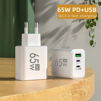 Gan Fast Charging 65W USB Type C Charger EU KR US PD 3.0 Quick Charge Wall for Phone Adapter for Iphone 15 Xiaomi Huawei Samsung